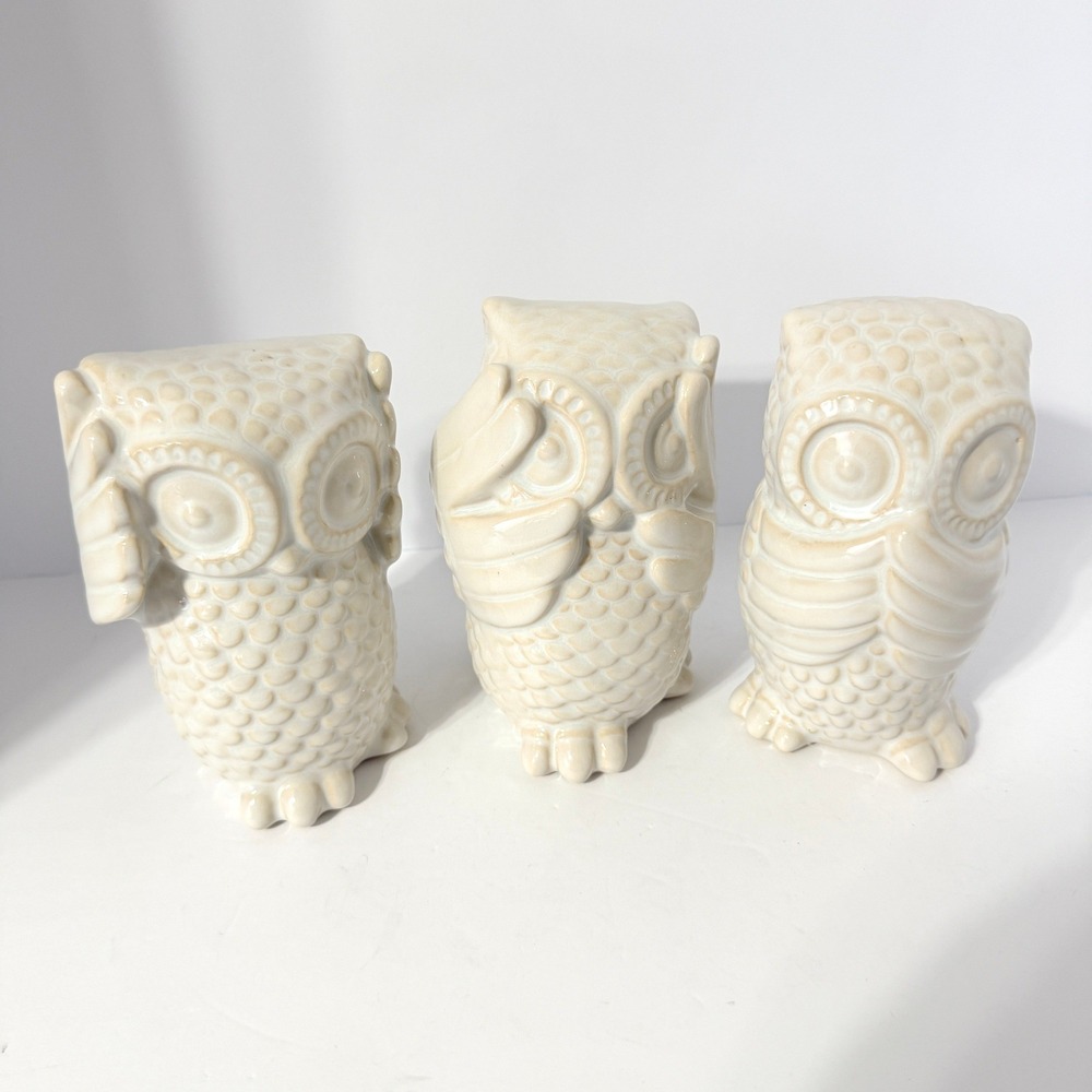 Ceramic Owl Figurines Set of 3 Hear See Speak No Evil Cream Glazed Decor 6in